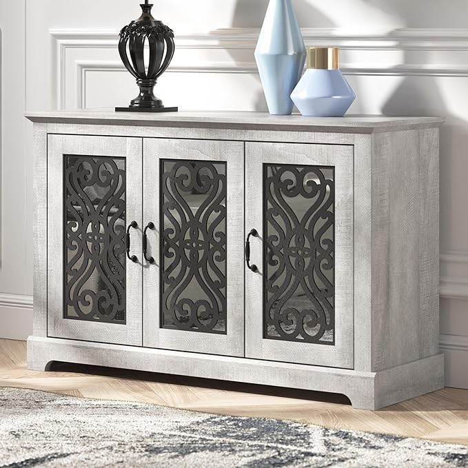 Galano Calidia 3 Door Sideboard, Kitchen Storage Sideboard Buffet Cabinet Console with Acrylic Mirror Doors & Adjustable Shelves, 15.67" D x 45.71" W x 29.29" H, Dusty Grey Oak - LeafyLoom