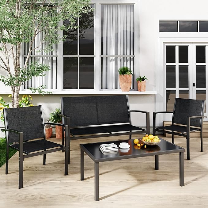 Greesum 4 Pieces Patio Furniture Set, Outdoor Conversation Sets for Patio, Lawn, Garden, Poolside with A Glass Coffee Table, Black - LeafyLoom