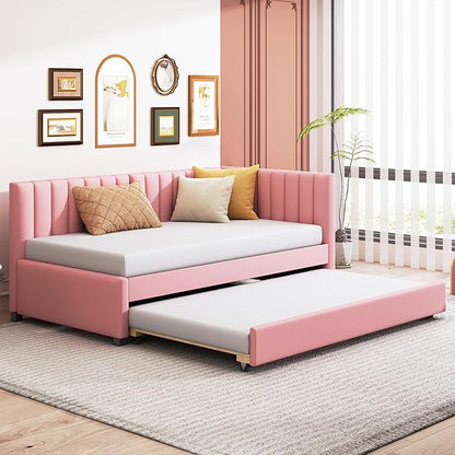 Twin Size Upholstered Linen Daybed with 2 Trundle,Semi-Closed Design,Solid Wood Bed Frame,W/Backrest and Slat Support,No Box Spring Needed,for Apartment Bedroom,Pink - LeafyLoom