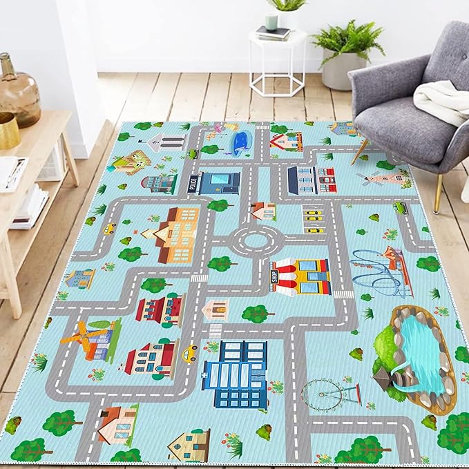 Kids Car Rug, 3x5 City Life Traffic Road Playmat for Toy Cars Trains, Non-Slip Race Track Carpet Educational Fun Area Rugs for Boy and Girl Bedroom Nursery - LeafyLoom