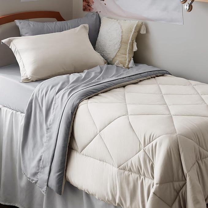 Bedsure Beige Twin XL Comforter Sets - 5 Pieces Reversible Twin XL Bedding Sets, Bed Sets Comforters, Sheets, Pillowcase & Sham, Grey XL Twin Bed in a Bag for College - LeafyLoom