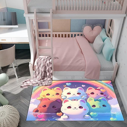 Rainbow Cat Rug for Girls - Colorful Cat Rug for Kids Bedroom Cute Cartoon Cat Pattern Rug Lovely Cat Rugs Room Decor Anime Cat Area Rug, 5x7 Feet - LeafyLoom