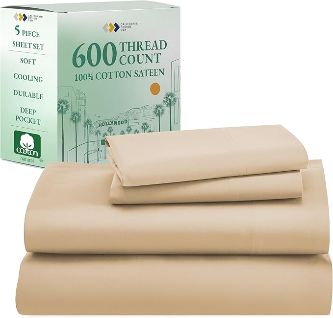 California Design Den 100% Cotton Split King Sheets, 600 Thread Count Sateen, Soft, Cooling Beige Cotton Sheets, Hotel-Quality Bedding Sheets & Pillowcases - Beige - LeafyLoom