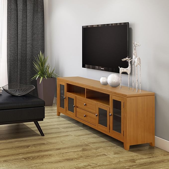 SIMPLIHOME Cosmopolitan SOLID WOOD 72 Inch Wide Contemporary TV Media Stand in Light Golden Brown for TVs up to 80 Inch, For the Living Room and Entertainment Center - LeafyLoom