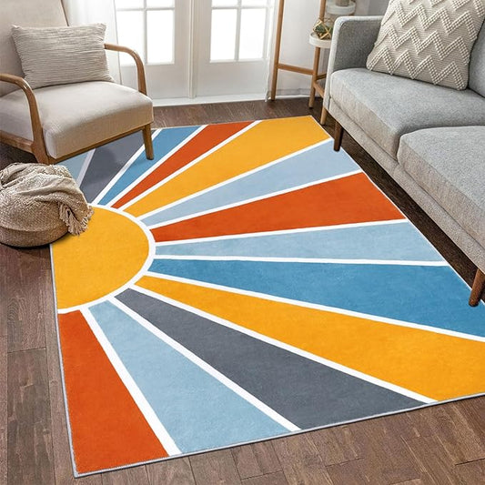 Topotdor Sun Rainbow Area Rug 4 x 6ft Boho Kids Nursery Rug, Colorful Washable Area Rug Ultra Soft Circle Classroom Rug Non-Slip for Bedroom Living Room Playroom Decor, Blue - LeafyLoom