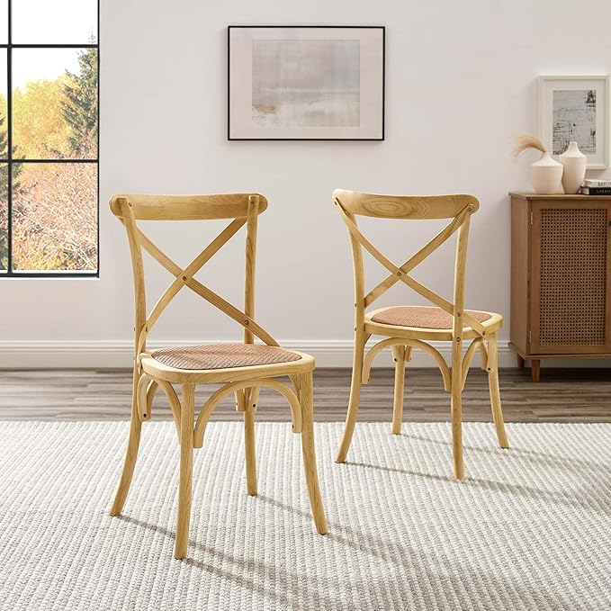 Modway Gear Rustic Modern Farmhouse Elm Wood Rattan Two Dining Chairs in Natural - LeafyLoom