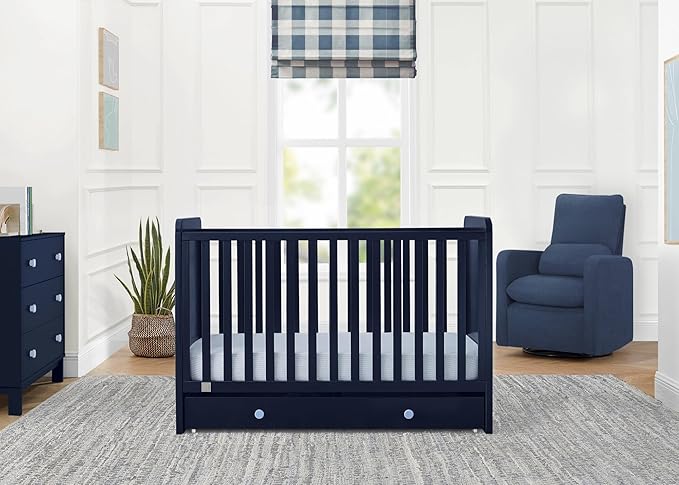 Delta Children babyGap Graham 4-in-1 Convertible Crib with Storage Drawer + Brannan Bear Bookcase with Bins + Brannan Bear Wall Shelf with 4 Hooks, Navy/Light Blue (Bundle) - LeafyLoom