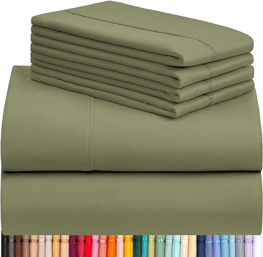 LuxClub 6 PC Queen Sheet Set, Breathable Luxury Bed Sheets, Deep Pockets 18" Eco Friendly Wrinkle Free Cooling Sheets Machine Washable Hotel Bedding Silky Soft - Olive Queen - LeafyLoom