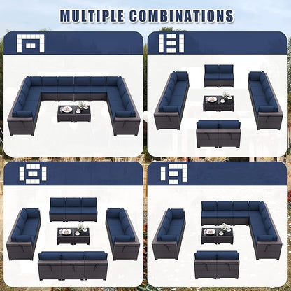 Patio Furniture Set 14-Piece Outdoor Furniture for Backyard Wicker Sectional Sofa Set, PE Rattan Patio Conversation Set 12 Seat with Thickened Cushions and Glass Coffee Tables, Navy Blue - LeafyLoom