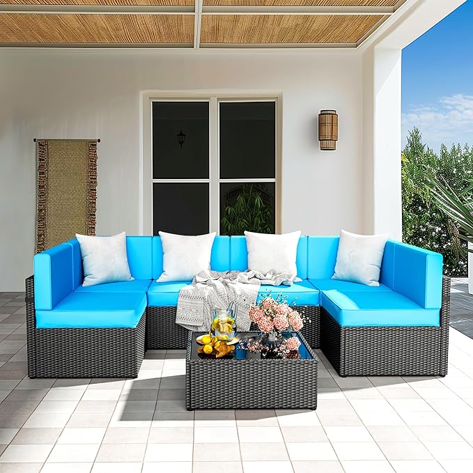 Pamapic 7-Piece Outdoor Furniture,All-Weather Wicker Modular Sectional Sofa with Patio Crystal Coffee Table, Adjustable Reclining Sectional Couch with Washable Removable Cushion Covers, Light Blue - LeafyLoom