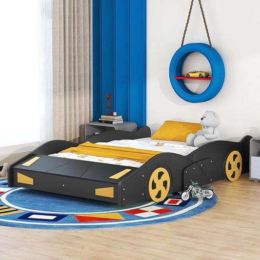 Full Size Race Car-Shaped Platform Bed with Wheels,Wooden Car Bedframe W/Storage Space,No Box Spring Required,for Boys Toddlers Kids Child's Bedroom,Black+Yellow - LeafyLoom