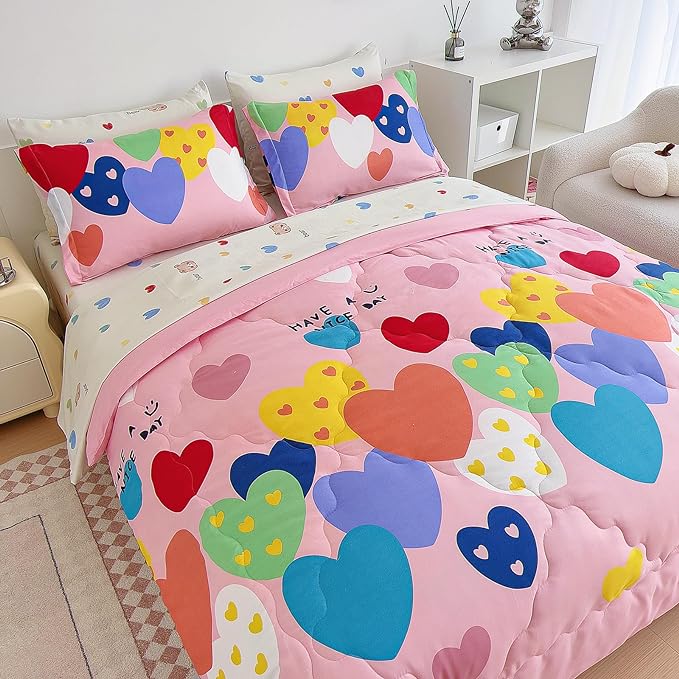 7 Piece Kids Pink Heart Bedding Sets Twin Comforter Set with Sheets - Colourful Reversible Heart Shaped Cute Bedding for Girls Kids - Love Quilt Bed in a Bag All Season - LeafyLoom