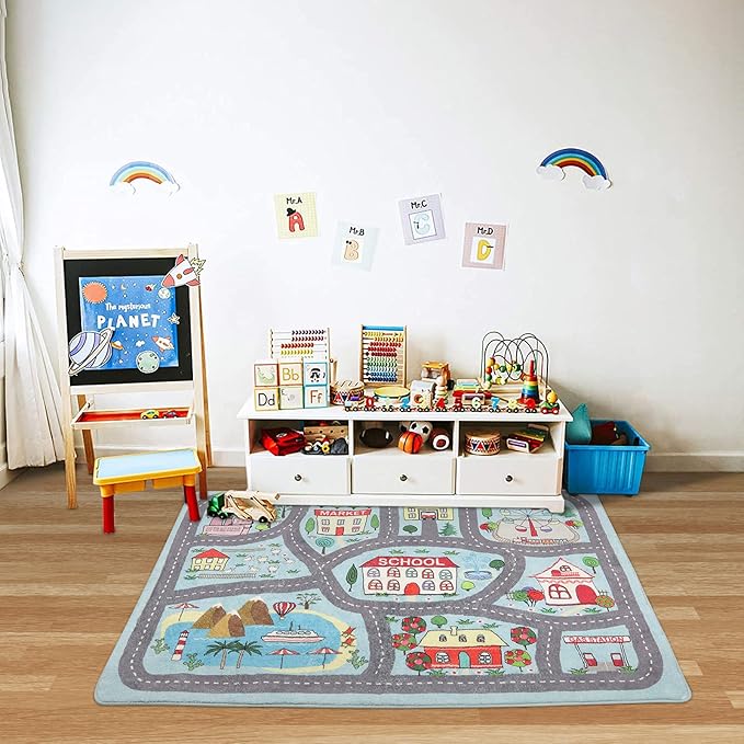 Non-slip Kids Playmat Rug for Playroom, 3'x 5' Blue Washable Children's Educational Rugs, Learning & Have Fun Safely City Life Road Traffic Play Mat Carpet for Baby Room Bedroom - LeafyLoom