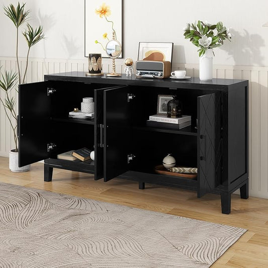 60" 4 Door Retro Sideboard with Adjustable Shelves,Wood Diamond-Shaped Lattice Pattern Storage Buffet Cabinet,w/ 4 Long Handle,for Living Dining Room,Black - LeafyLoom