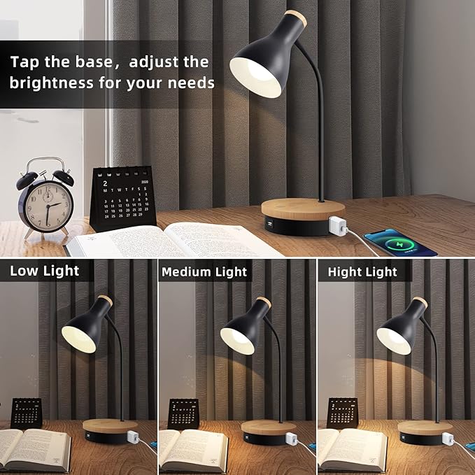 Metal Desk Lamp Wireless Charging Table Lamp Touch Reading Lights Arc Desk Lamps for Bedroom, 3 Way Dimmable Bedside Lamp with USB Charging Ports, Reading Lamp for Study Room and Office (Black-02) - LeafyLoom