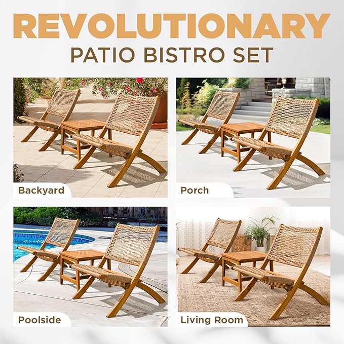 Twisted Wicker Wood Foldable Reclining Bistro Set - LeafyLoom