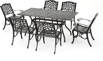 Christopher Knight Home Hallandale Outdoor Sarasota Cast Aluminum Rectangular Dining Set, 7-Pcs Set, Hammered Bronze - LeafyLoom