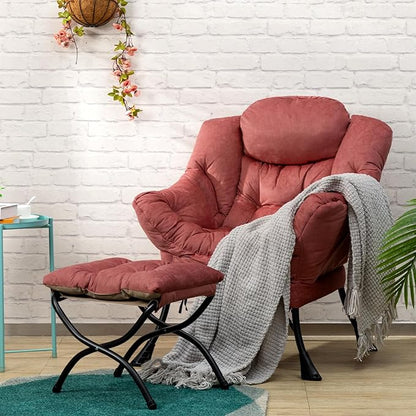 AcozyHom Fabric Lazy Chair with Foldable Ottoman, Accent Comfy Lounge Arm Chair and Folding Footrest Stool Set, Leisure Sofa Reading Chair and Footstool for Living Room, Bedroom, Dorm, Brick Red - LeafyLoom