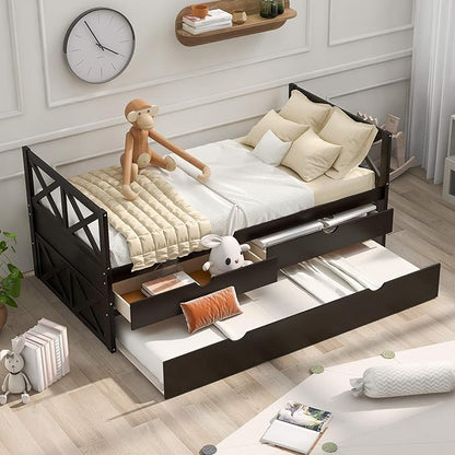 Twin Size Daybed with Storage Drawers and Trundle, Wood Captains Bed frame for Bedroom and Living Room, Espresso - LeafyLoom