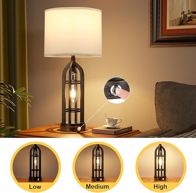 Table Lamp for Living Room - White Farmhouse Lamps for Night Stands with USB C+A, 3 Way Dimmable End Table Lamps Set of 2, Vintage Bedside Lamp for End Tables, Rustic Nightstand Lamps for Bedroom - LeafyLoom