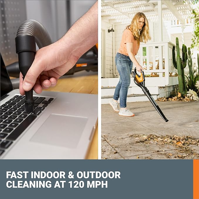 Worx 20V Cordless Leaf Blower WG545.1, Up to 120 MPH Air Speed, Long Nozzle Design for Narrow Spaces, Ideal for Indoor and Outdoor Cleaning, 9x Cleaning Attachments, Battery and Charger Included - LeafyLoom