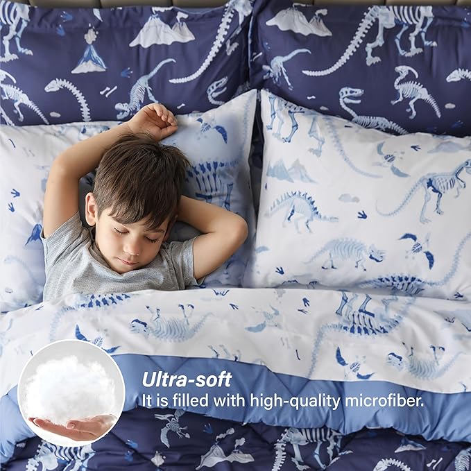 Twin Comforter Set for Boys,5 Pieces Dinosaur Kids Bedroom Bedding with Sheets and Pillowcase,Super Soft Lightweight for All Seasons,Blue,Machine Washable - LeafyLoom