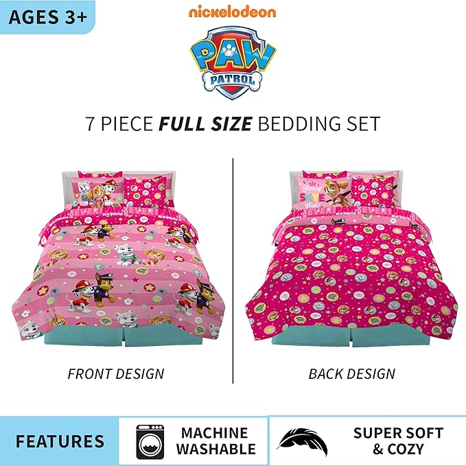 Paw Patrol Girls Kids Bedding Super Soft Comforter And Sheet Set With Sham, 7 Piece Full Size, (Official) Nickelodeon Product By Franco - LeafyLoom