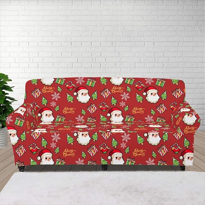 FKELYI Christmas Decor Red Sofa Slipcover for Living Room Santa Claus Sofa Couch Cover with Elastic Bottom Non-Slip Furniture Protector XL FKELYI