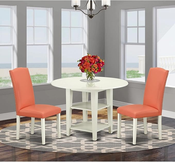 East West Furniture SUEN3-LWH-78 3 Piece Dining Table Set Contains a Round Dinner Table with Dropleaf & Shelves and 2 Pink Flamingo Faux Leather Upholstered Chairs, 42x42 Inch, Linen White - LeafyLoom