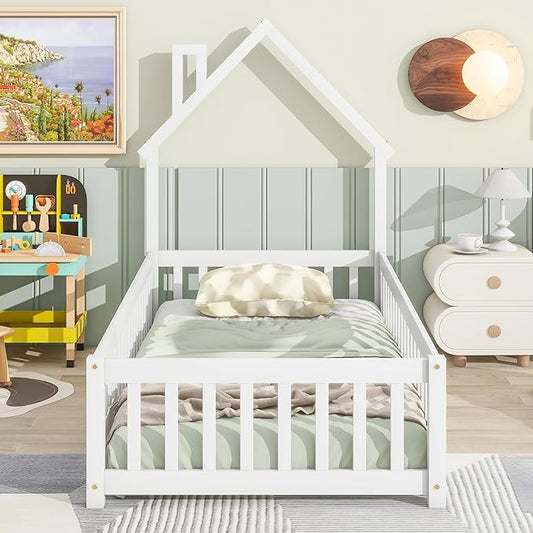 Twin Size Kids Montessori Floor Bed,House-Shaped Headboard Floor Bed for Kids,Floor Bed with Fence and Door,House Bed Twin Frame for Girls,Boys(Twin,White) - LeafyLoom