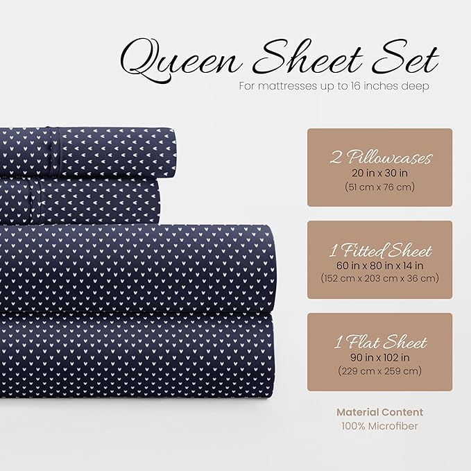 Linen Market 4 Piece Queen Bedding Sheet Set (Navy Blue Heart) - Sleep Better Than Ever with These Ultra-Soft & Cooling Bed Sheets for Your Queen Size Bed - Deep Pocket Fits 16" Mattress - LeafyLoom