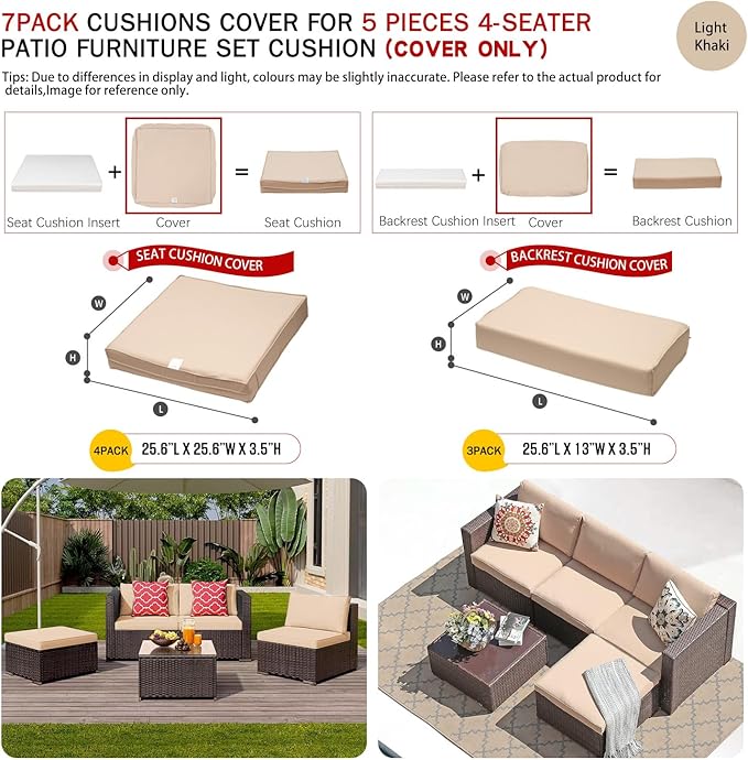 ClawsCover 7Pack Outdoor Patio Seat and Back Cushions Replacement Covers Fit for 3/5 Pieces 4-Seater Wicker Rattan Furniture Conversation Set Sectional Couch,Light Khaki-Large (Include Cover Only) - LeafyLoom