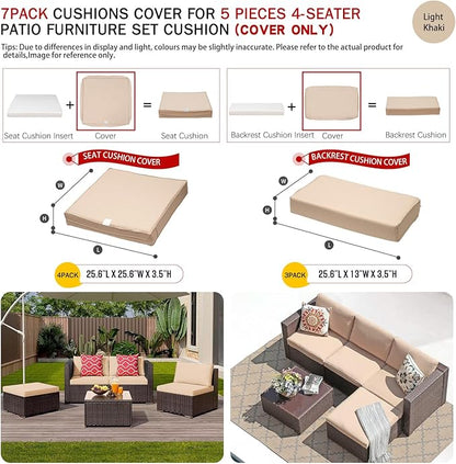 ClawsCover 7Pack Outdoor Patio Seat and Back Cushions Replacement Covers Fit for 3/5 Pieces 4-Seater Wicker Rattan Furniture Conversation Set Sectional Couch,Light Khaki-Large (Include Cover Only) - LeafyLoom