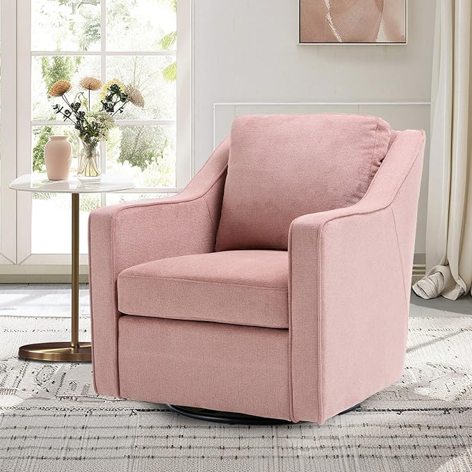 COLAMY 360° Swivel Accent Chair Set of 2, Upholstered Fabric Leisure Armchair with Lumbar Pillow for Living Room Bedroom Home Office, Pink - LeafyLoom