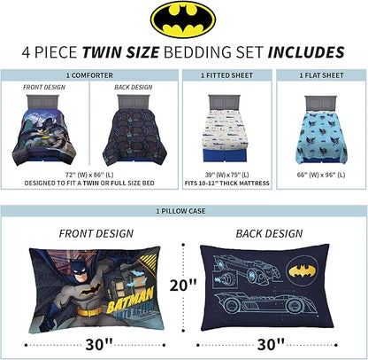 Franco Kids Bedding Super Soft Comforter and Sheet Set, 4 Piece Twin Size, Batman - LeafyLoom