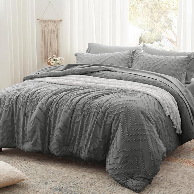 Anluoer Full Comforter Set, Grey Tufted Bed in a Bag 7 Pieces with comforters and sheets, All Season Bedding Sets with 1 Comforter, 2 PillowShams, 2 Pillowcases, 1 Flat Sheet, 1 Fitted Sheet - LeafyLoom