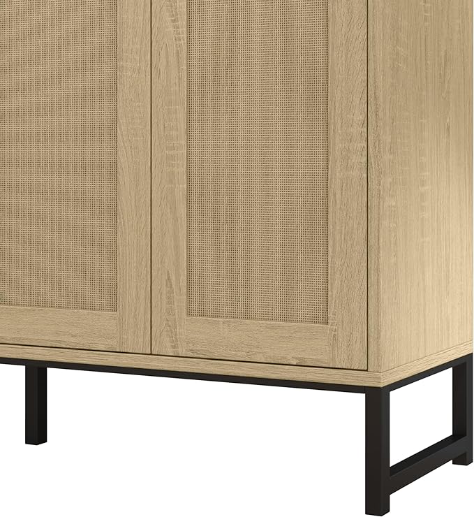 Panana Sideboard Accent Storage Cabinet with Rattan Decorated 4 Doors Dining Room Freestanding Kitchen Buffet Table Cupboard (Natural) - LeafyLoom