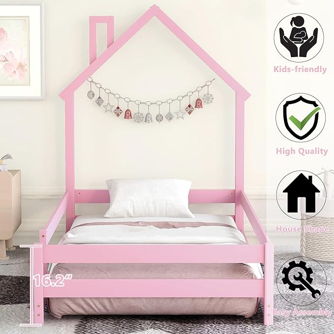 Bellemave Twin Size House-Shaped Headboard Floor Bed with Fences, Wooden Montessori Bed for Kids,House Bed Twin Frame for Girls,Boys (Pink) - LeafyLoom