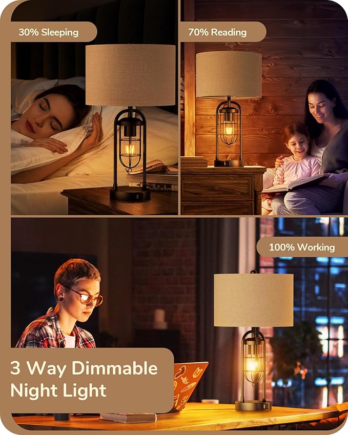 EDISHINE Farmhouse Table Lamp with Night Light, 22.84" Bedside Lamps Set of 2 with A+C USB Ports, 3 Way Dimmable Nightstand Lamp for Living Room, Bedroom, Home (Night Light Bulbs Included) - LeafyLoom