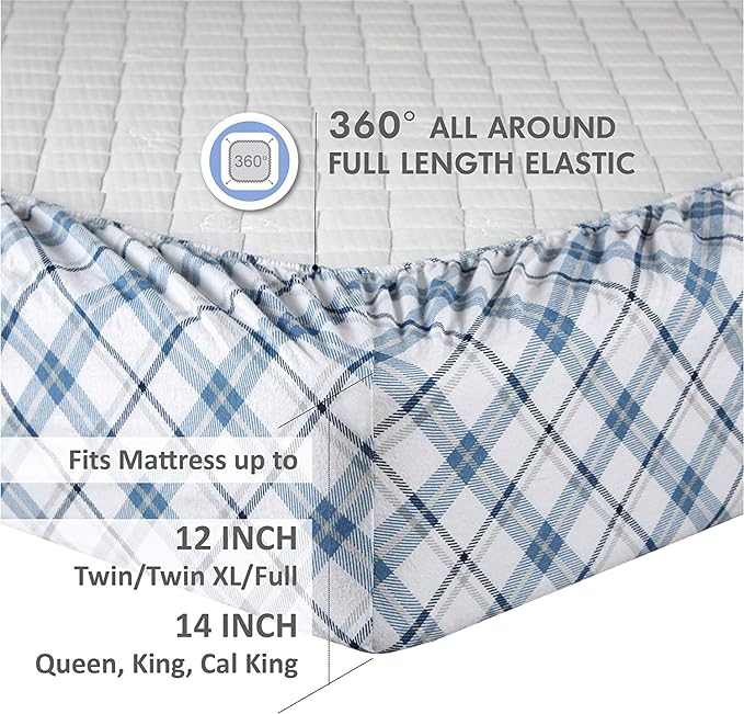 Comfort Spaces Cotton Flannel Breathable Warm Deep Pocket Sheets with Pillow Case Bedding, Cal King, Blue Plaid 4 Piece - LeafyLoom