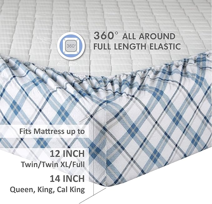 Comfort Spaces Cotton Flannel Breathable Warm Deep Pocket Sheets with Pillow Case Bedding, Full, Blue Plaid 4 Piece - LeafyLoom