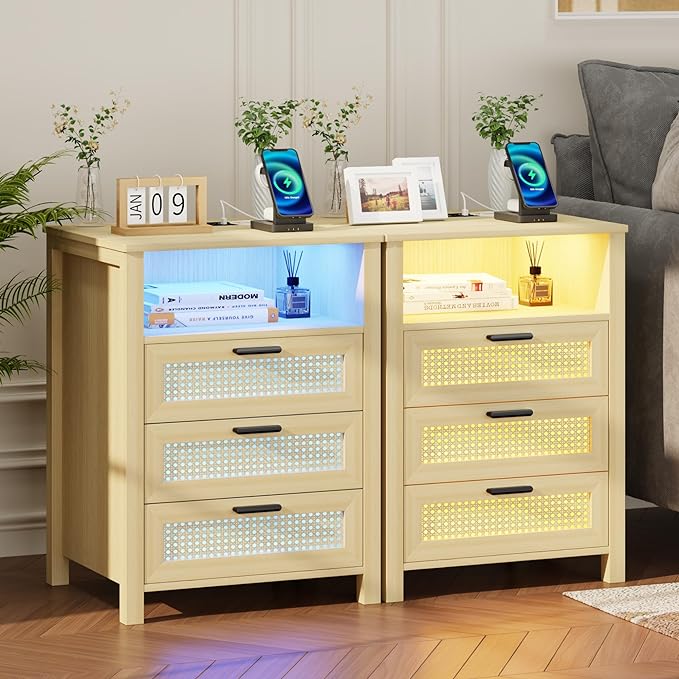 Rattan Nightstands Set of 2 with Charging Station, Night Stand with 3 Drawers and Open Shelf, Bed Side Table with LED Lights for Bedroom, Living Room, Natural Wood - LeafyLoom