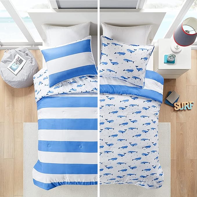 Mizone Kids Blake Reversible Dolphin Comforter Set - Adventure Animal Adorable Print with Stripe Reverse, Fun Bedroom Décor, Modern All Season Kids Bedding, Matching Sham, Full/Queen, Blue 3 Piece - LeafyLoom