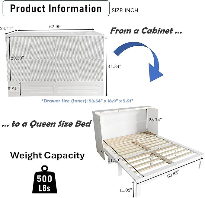 Queen Size Murphy Bed with Storage Drawer for Small Space,Bedroom, Livingroom, Guestroom, White - LeafyLoom