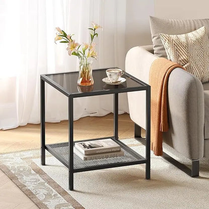 SAYGOER Black Side Table Small Glass End Table 2-Tier Narrow Square Bed Side Table Sofa Small Leisure Table with Black Metal Frane for Living Room Bedroom Balcony Patio, Black Glass - LeafyLoom