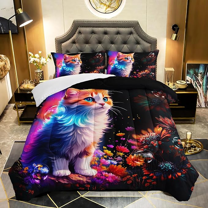 Cartoon Kawaii Cat Comforter Set Queen Size 3D Animals Flower Toddler Bedding Set Cat Lovers Animal Bubble Design Quilt Bed Set for Girls Kids Teens - LeafyLoom