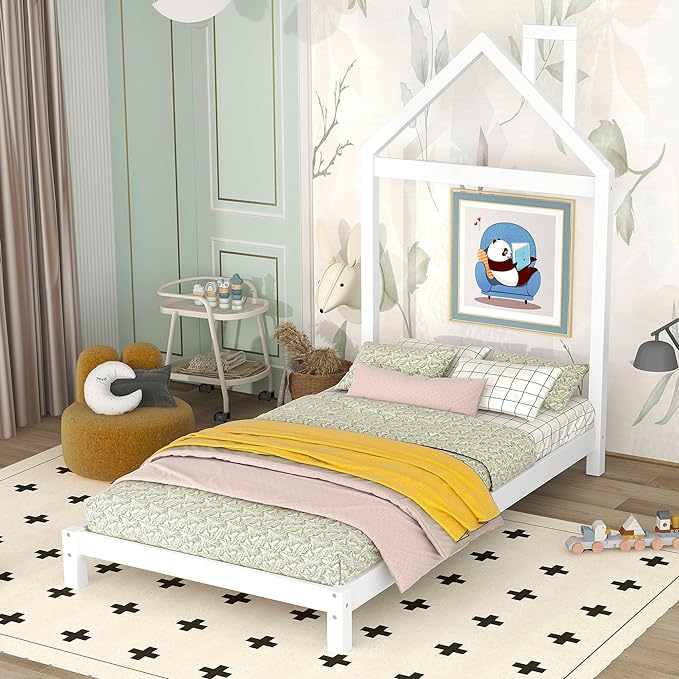 Twin Bed Frame/Kids Bed Frames with Headboard and Slats, Wood Platform Bed with House Shaped Headboard, Twin Size Bed for Kids, Boys, Girls, No Box Spring Needed(White) - LeafyLoom