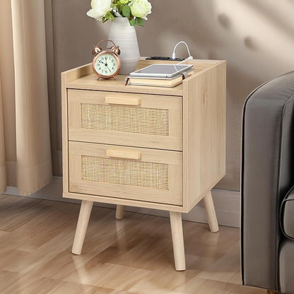 Finnhomy Nightstand with Charging Station, Bedside Table with 2 Hand Made Rattan Decorated Drawers, Night Stand with Storage for Bedroom, Natural - LeafyLoom