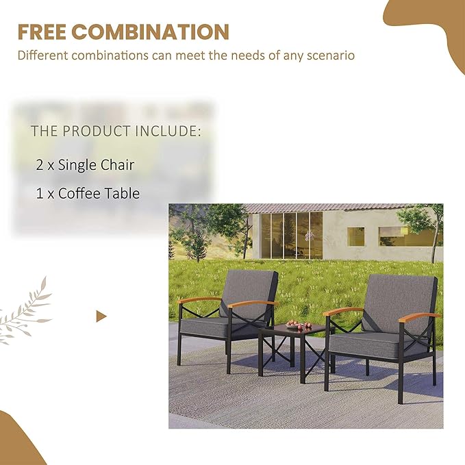 Shintenchi 3 Piece Metal Outdoor Patio Furniture Set, Modern Outdoor Metal Chairs Conversation Furniture Set with Coffee Table for Patio,Backyard,Balcony, Poolside (Dark Grey) - LeafyLoom