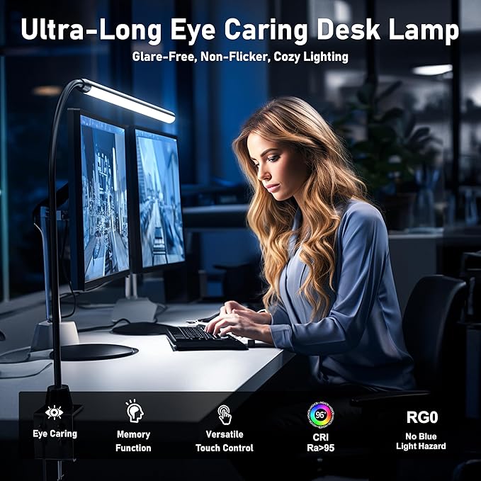 LED Clip on Light/Reading Light, 20" Ultra-Long Chips Bright Desk Lamp, 10%-100% Stepless Dimming & 3 Color Modes Office Lamp with 360° Gooseneck Memory Function Clamp Light for Working - LeafyLoom